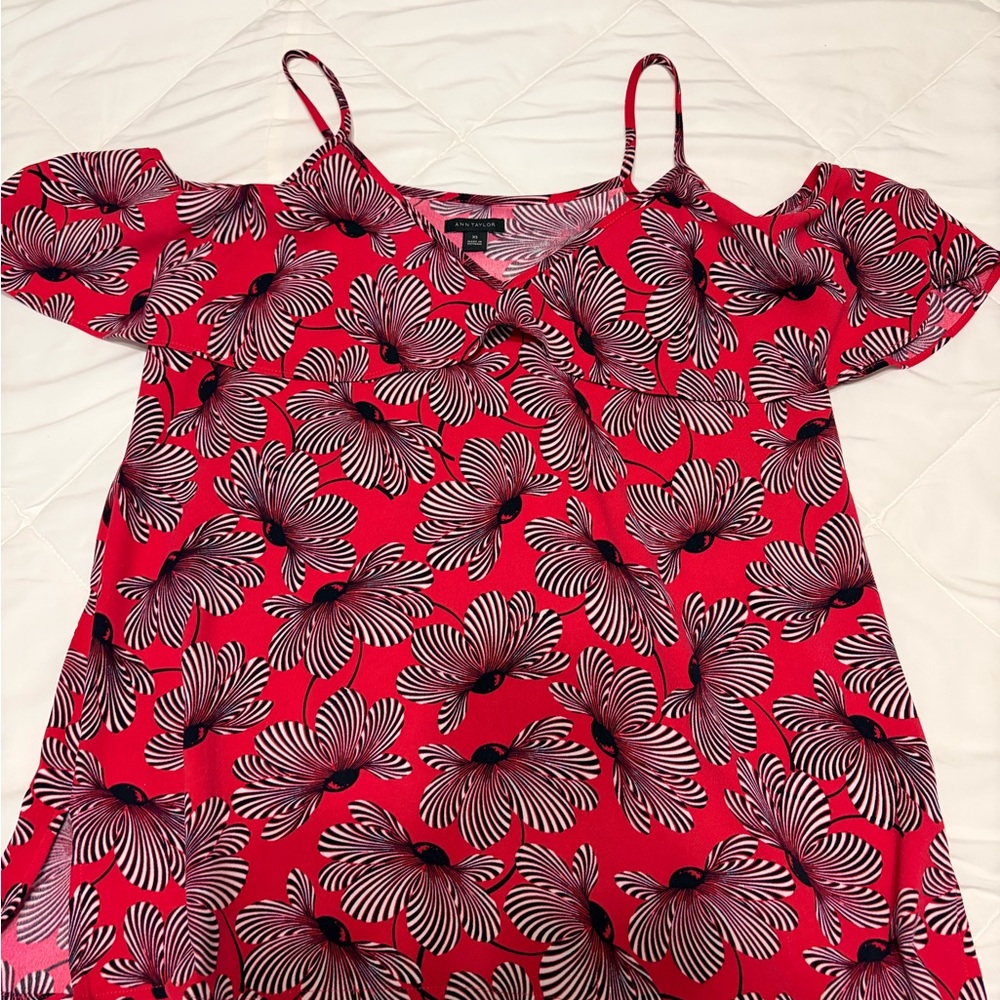 Ann Taylor Pink Floral Cold Shoulder Blouse